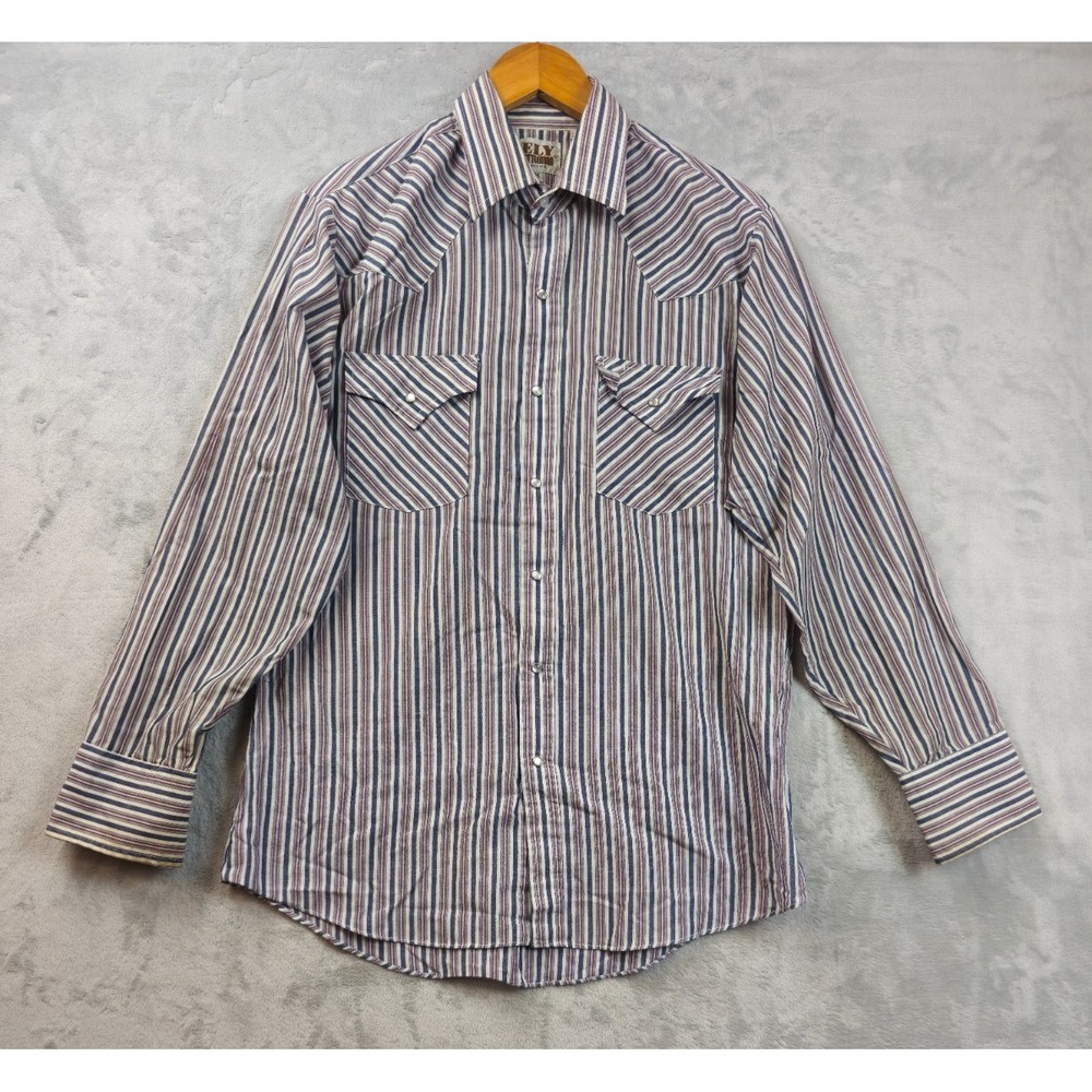 Ely Cattleman Mens Medium Pearl Snap Shirt Blue Maroon Striped Pockets Western